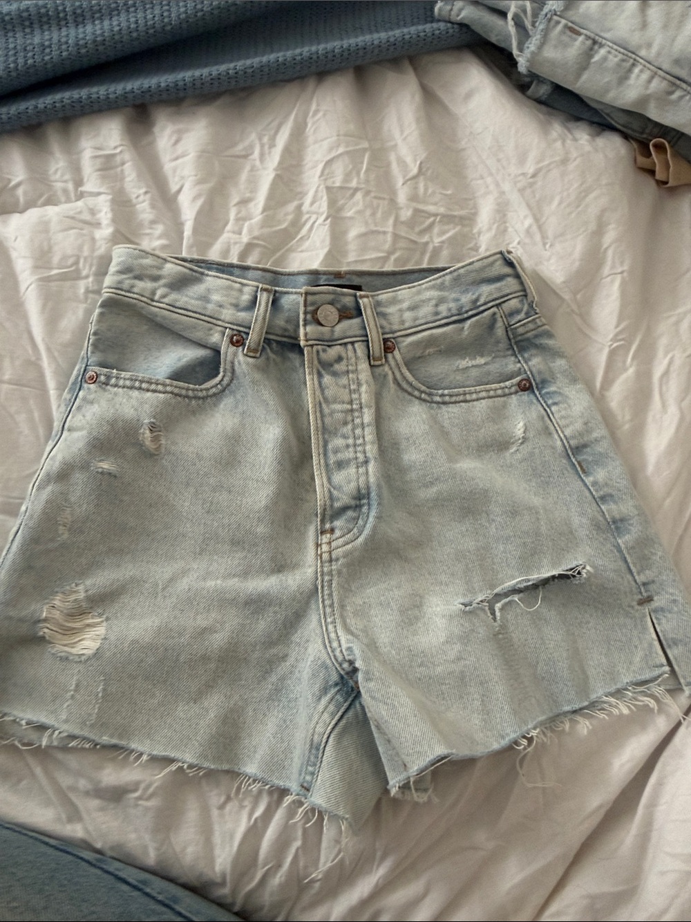 Express Light Blue Distressed High-Rise Denim Shorts